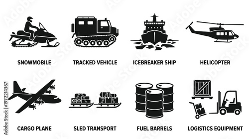 Arctic Logistics and Expedition Equipment Silhouette Vector Icon Set – Essential Vectors Featuring Snowmobiles, Icebreaker Ships, Cargo Planes, Helicopters, Sled Transport, and Fuel Barrels in Minimal