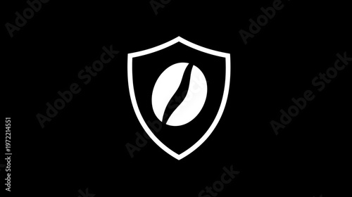 White shield with coffee bean silhouette. A central coffee bean shape is enclosed. All set on black