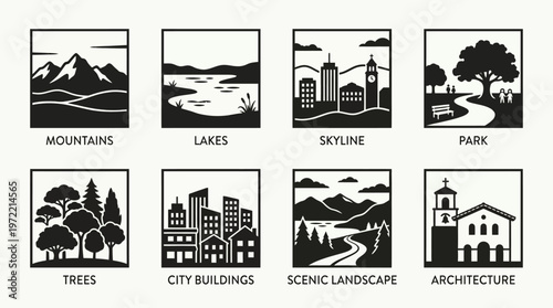 Landscape and Architecture Silhouette Vector Icon Set – Elegant Vectors Featuring Mountains, Lakes, Skyline, Park, Trees, City Buildings, Scenic Landscapes, and Historic Architecture in Minimalist Bla