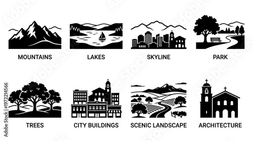 Landscape and Architecture Silhouette Vector Icon Set – Elegant Vectors Featuring Mountains, Lakes, Skyline, Park, Trees, City Buildings, Scenic Landscapes, and Historic Architecture in Minimalist Bla