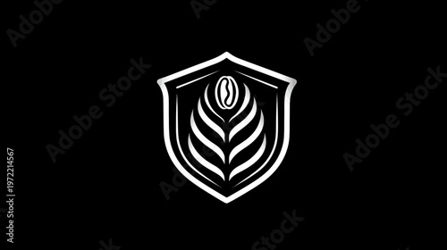 A white emblem features coffee bean, leaf-like structures inside a shield-shaped frame against a black background