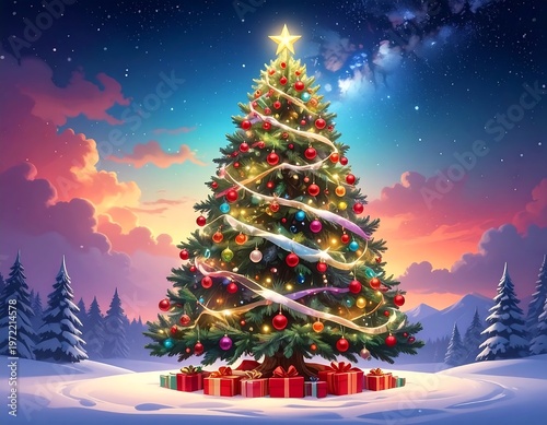 Brightly lit Christmas tree adorned with ornaments and lights, surrounded by gifts in a snowy landscape