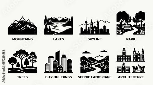 Landscape and Architecture Silhouette Vector Icon Set – Elegant Vectors Featuring Mountains, Lakes, Skyline, Park, Trees, City Buildings, Scenic Landscapes, and Historic Architecture in Minimalist Bla