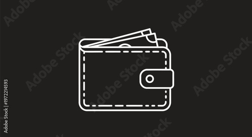 Minimalist White Line Art Wallet with Cash on Black Background.