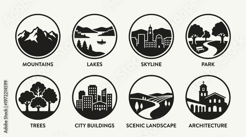Landscape and Architecture Silhouette Vector Icon Set – Elegant Vectors Featuring Mountains, Lakes, Skyline, Park, Trees, City Buildings, Scenic Landscapes, and Historic Architecture in Minimalist Bla