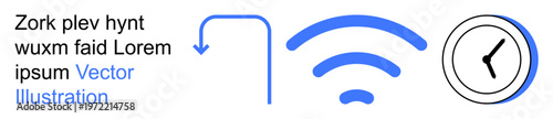 Internet connectivity, time management, navigation, communication, scheduling, planning. wireless signal, clock and arrow symbols in blue and black. Internet connectivity and time management