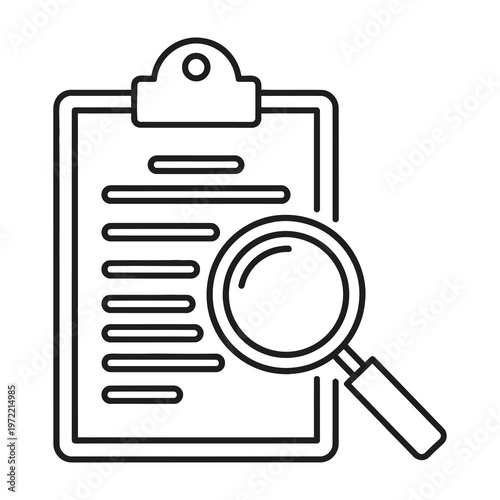 Clipboard with magnifying glass for document investigation and research analysis