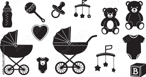 Baby nursery icons and objects in black and white illustration