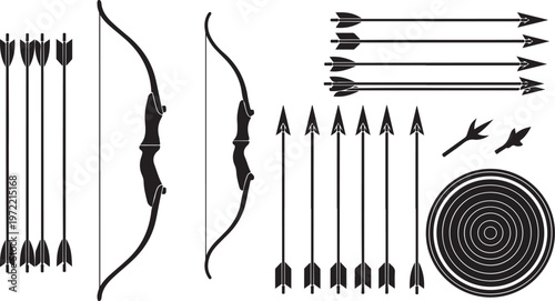 Archery equipment set with bows and arrows on white background