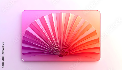 Elegant 3D render of a fan design with radial pleats in shades of purple pink and orange on a rounded rectangular platform