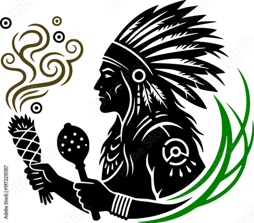 Vector illustration of a Native American shaman performing a smudging ritual with sage and a rattle. Traditional indigenous spiritual healing concept.