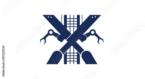 Modern Industrial Robot Arms Crossing Over a Metallic Grid.