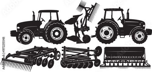 Tractors and farming equipment in black silhouette on white background