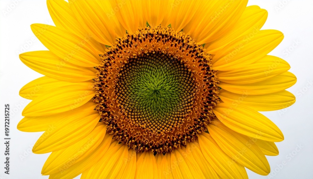 Naklejka premium Sunflower Closeup with Yellow Petals and Spiral Seed Pattern on White Background