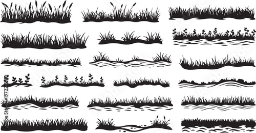 Various Grass and Weed Silhouettes on White Background Illustration Set