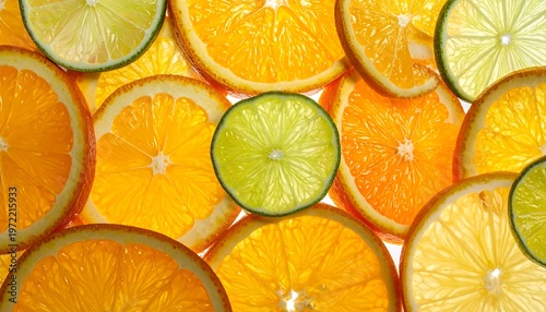 Brightly lit citrus slices of orange and lime creating a pattern with translucent textures