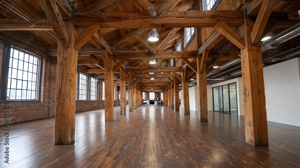 Naklejka premium Spacious industrial loft interior with exposed wooden beams brick walls and large