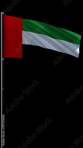 United Arab Emirates flag waving on metal flagpole, vertical video with transparent background and alpha channel, seamless loop 3D rendering 4K