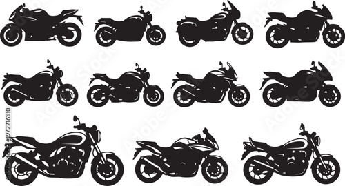 Collection of various motorcycle silhouettes in black and white background