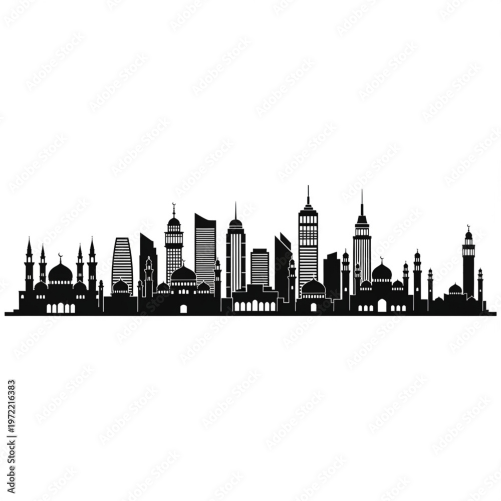 Obraz premium A black and white vector graphic illustration of a city skyline with a mix of modern skyscrapers and traditional mosques