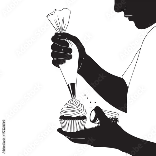Baker Decorating Cupcake with Icing and Sprinkles Silhouette, Confectioner Skillfully Adorning Dessert, Sweet Treat Preparation Process