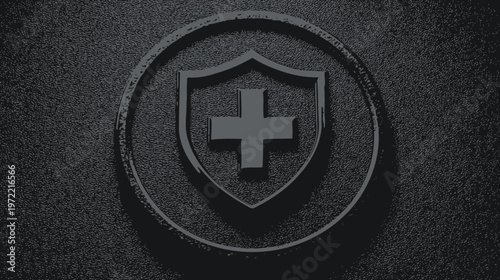 A textured gray graphic featuring a shield with a cross, set inside a circle, casting shadows