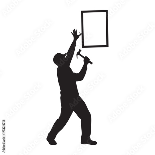 Man Hanging Picture Frame on Wall Silhouette, Home Decorator Using Hammer and Nail, Interior Design Activity