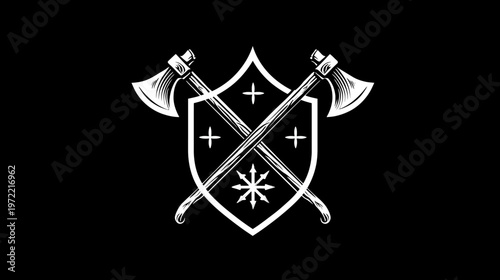 A stark white emblem on black background. Axes crossed behind a shield, adorned with crosses and a starburst
