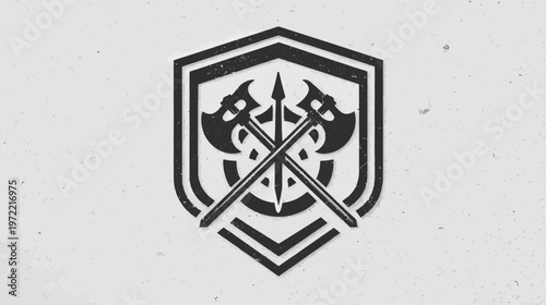 Black graphic depicting crossed axes and spear within a shield, on a textured, grey backdrop