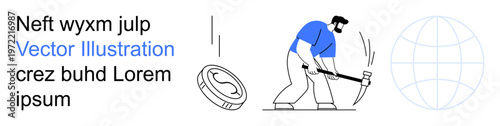 Cryptocurrency, digital finance, blockchain, global economy, digital currency, mining process. A person mining a digital coin with a globe. Cryptocurrency and digital finance concept