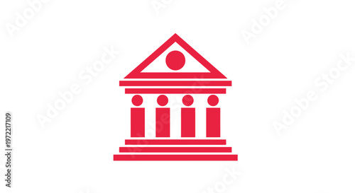 Red Bank Icon Depicting Government Building on White Background.