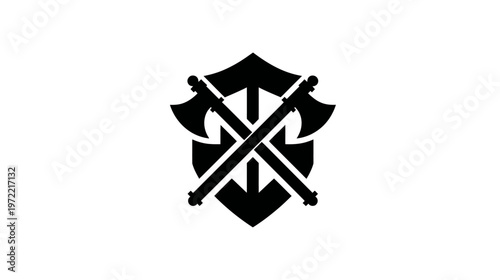 A black emblem features crossed axes behind a shield, all on a stark white background