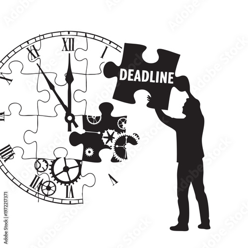 Silhouette man placing puzzle piece with deadline text into clockwork mechanism with gears abstract concept of time management and project completion
