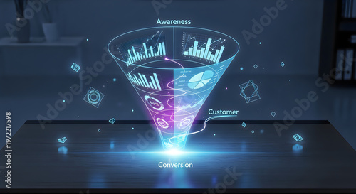 Holographic sales funnel projects insightful business data analytics, visualizing the fluid customer journey from awareness to conversion in a digital marketing strategy