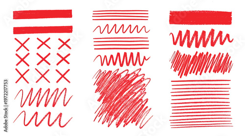 Set of red marker strokes, scribbles, and handdrawn lines