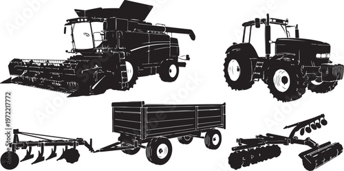 Agricultural machinery and equipment in black silhouette on white background