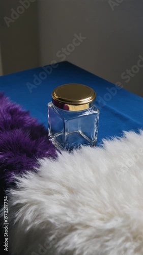 Square glass storage jar with a shiny gold lid resting on a blue tablecloth, surrounded by decorative purple and white faux fur plush material in a vertical close-up product shot.