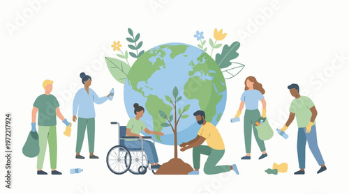 Earth Day concept, diverse people planting trees and cleaning environment, green eco theme, minimal modern style, white background, soft pastel color palette, clean composition