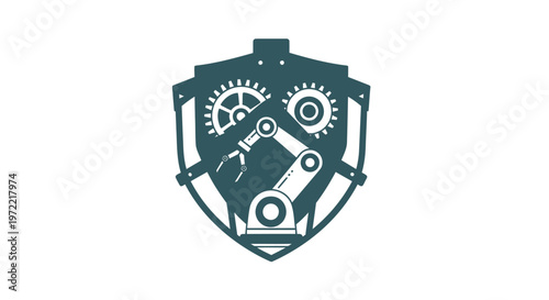 Robotics Shield Emblem - Gears, Arm, and Protection Symbol.