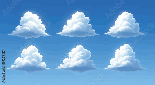 Set of realistic fluffy cumulus clouds blue sky background