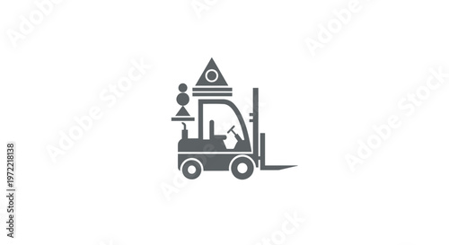 Monochrome Illustration of a Forklift Carrying Chess Pieces.