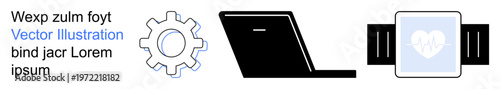 Technology integration, innovation, smart devices, health monitoring, digital tools, connectivity. A gear, laptop and smartwatch with a heart icon. Technology integration and innovation concepts