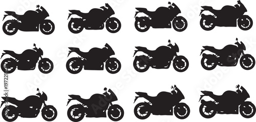 Silhouettes of multiple motorcycles in various side views and positions