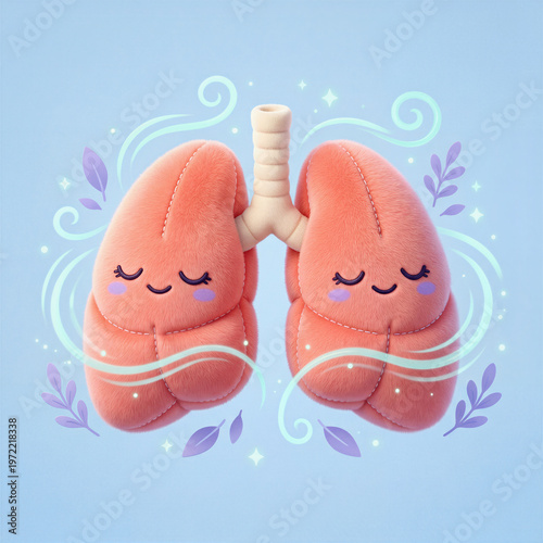 Cute Plush Lungs Character with Breathing Airflow on Pastel Blue Background