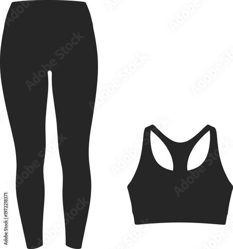 Athletic clothing silhouette illustration featuring high-waisted leggings and racerback sports bra for fitness, exercise, gym apparel, and activewear fashion artwork.