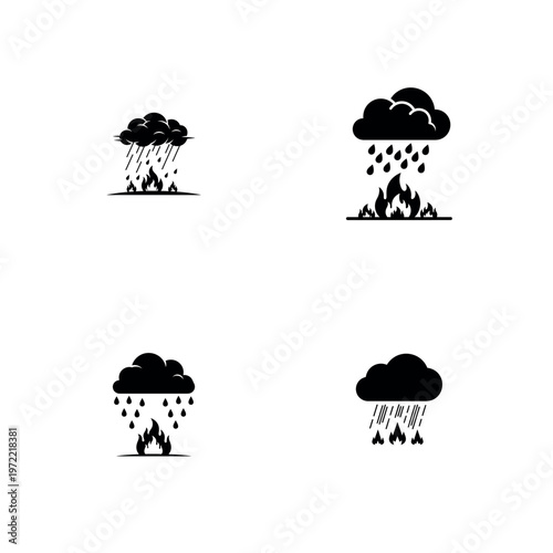 Rain Extinguishing Fire Silhouette Vector Icon Set