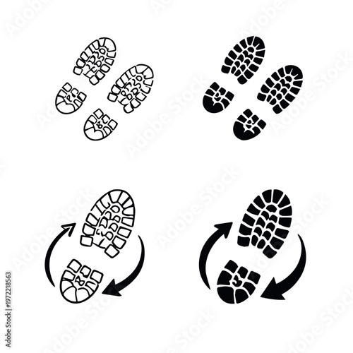 Black and white footprint icons showing shoe sole patterns with curved arrows indicating walking and rotation movement