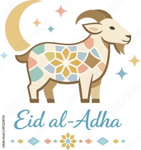 Eid aladha greeting card design with a cute goat decorated with geometric islamic patterns, crescent moon, and stars, vector illustration