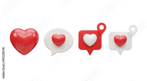 3d render of social media heart icons and notification bubbles