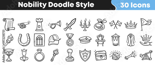 A comprehensive collection of hand-drawn doodle art icons representing nobility, medieval royalty, power, and wealth with historical themes.